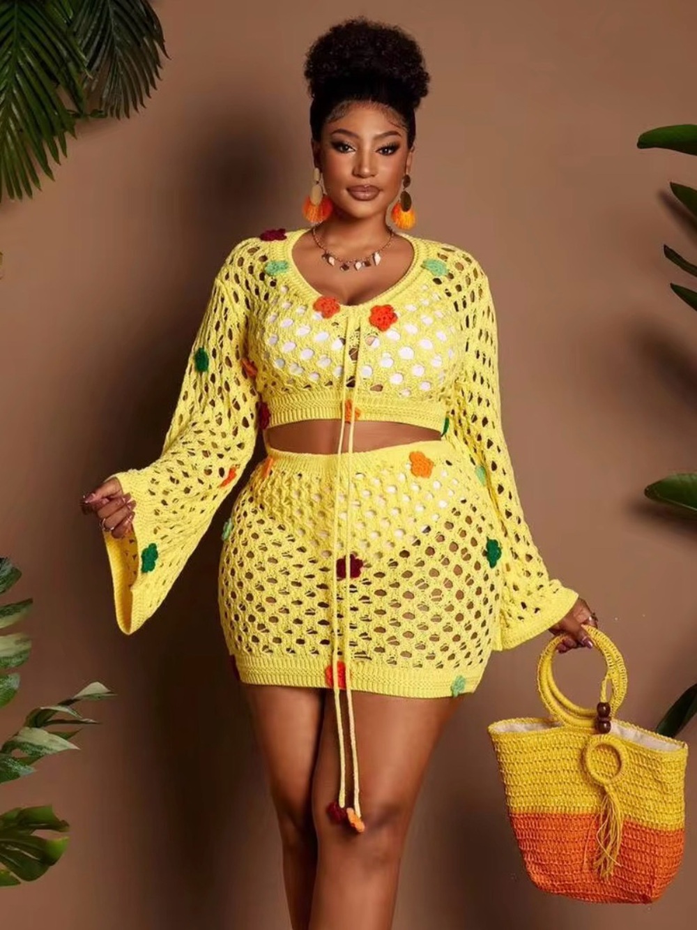 Plus size Yellow Crochet Mini Skirt set - Fashion Knit Women Skirt size 12(OXL)